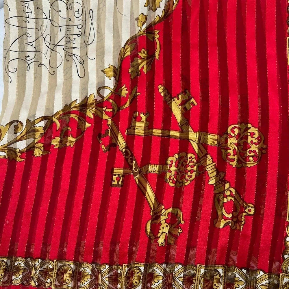 Vintage Liz Claiborne Scarf Sheer Stripe Red Gold Skeleton‎ Keys Script Baroque